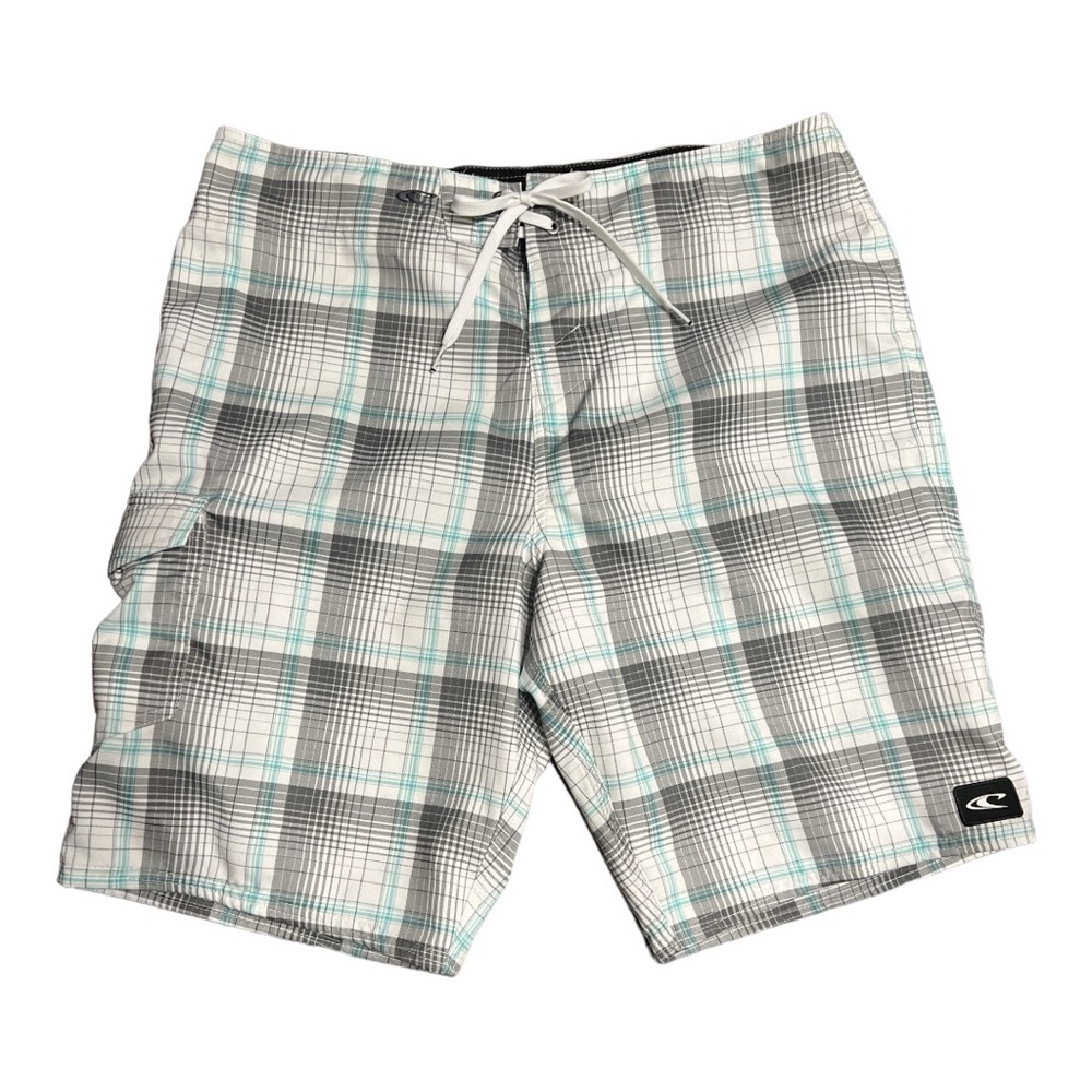 O'Neill Board Shorts Mens size 36 Surf Swim Trunk Cargo Pocket Beach White Plaid